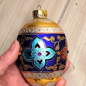Vtg Hand Crafted/Painted Glass Christmas Ornament Jeweled Glitter Colorful